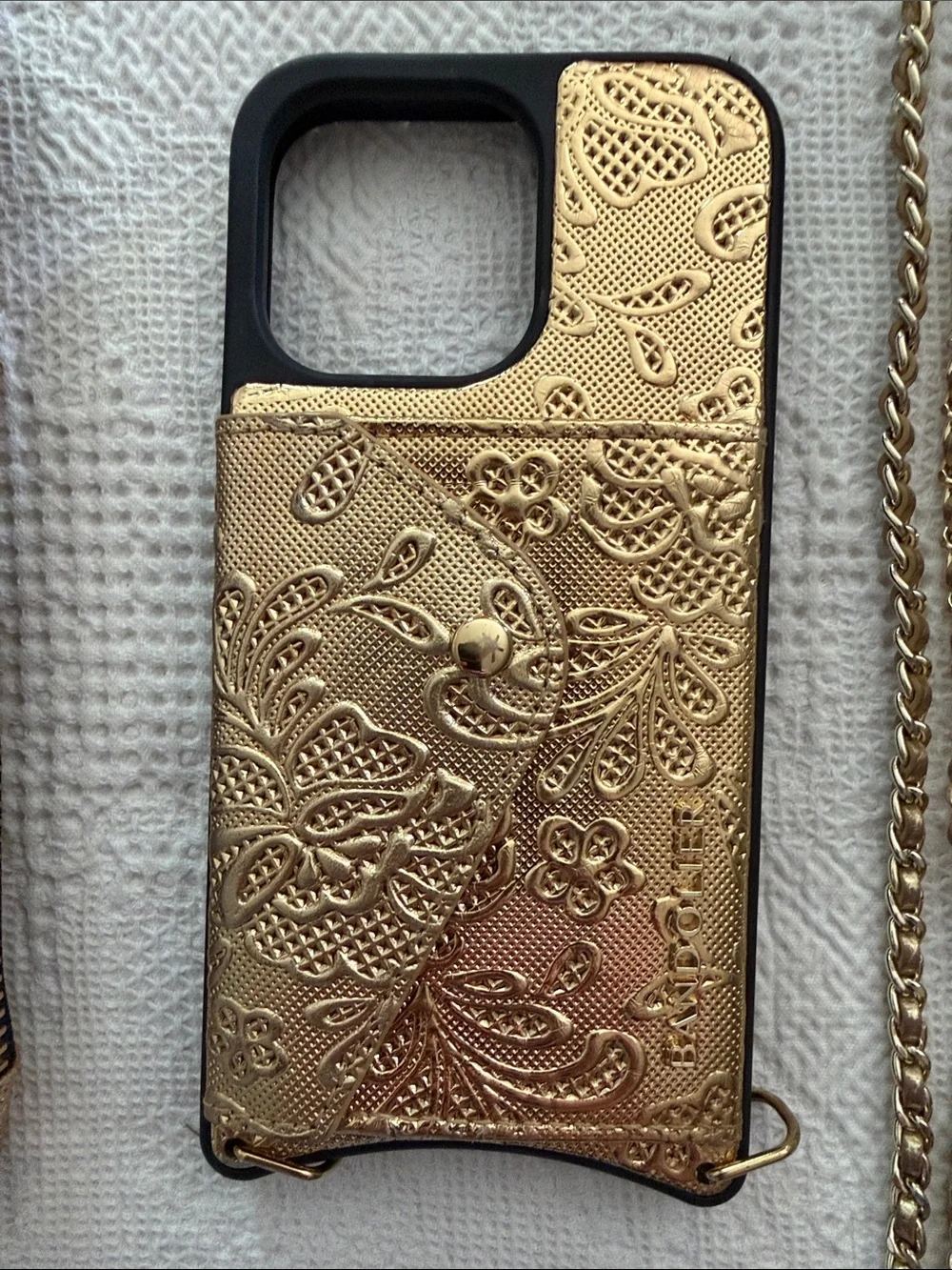 Gold Floral Embossed Phone Wallet Case with Matching Strap